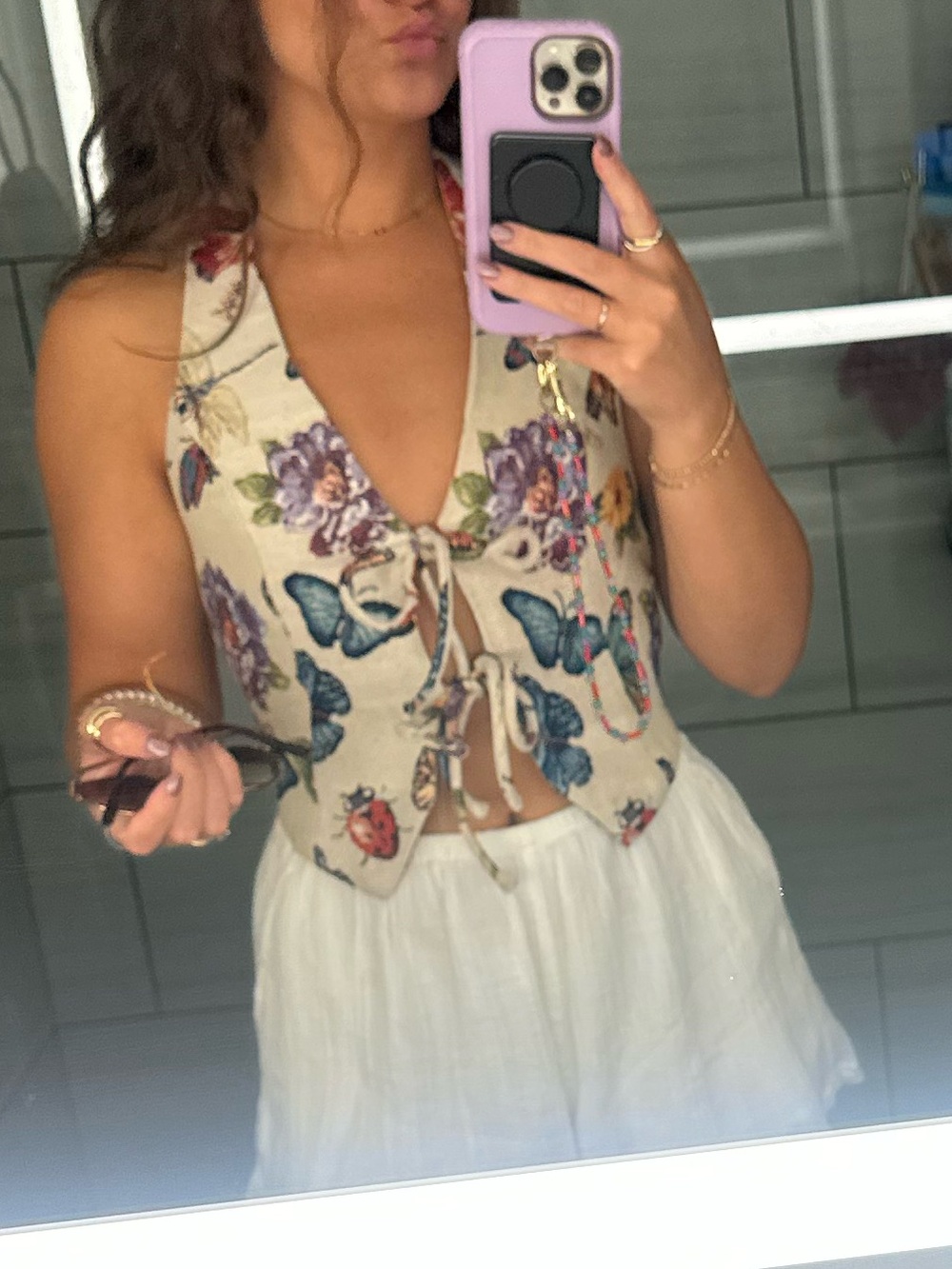 Vici Cream Floral & Butterfly Lace-Up Halter Top - Picture 2 of 5
